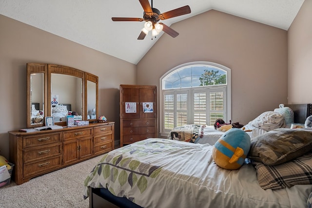 8026 Splendor Way, Columbus, GA 31904 - bedroom with light colored carpet, high vaulted ceiling, and ceiling fan