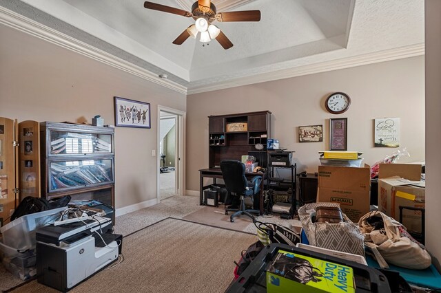 8026 Splendor Way, Columbus, GA 31904 - carpeted office space featuring a ceiling fan, a raised ceiling, and ornamental molding