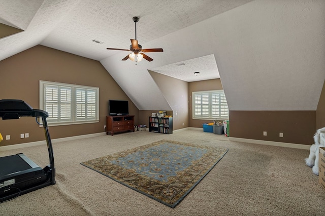 8026 Splendor Way, Columbus, GA 31904 - exercise area with carpet, lofted ceiling, ceiling fan, and a textured ceiling