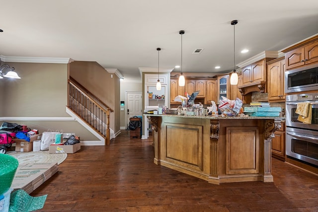 8026 Splendor Way, Columbus, GA 31904 - kitchen featuring stainless steel appliances, crown molding, a center island with sink, dark wood-style flooring, and brown cabinetry
