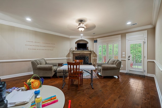8026 Splendor Way, Columbus, GA 31904 - living area featuring a ceiling fan, dark wood-type flooring, a brick fireplace, ornamental molding, and recessed lighting