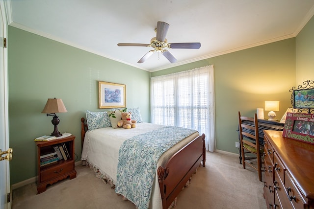 bedroom with ornamental molding, light carpet, and ceiling fan