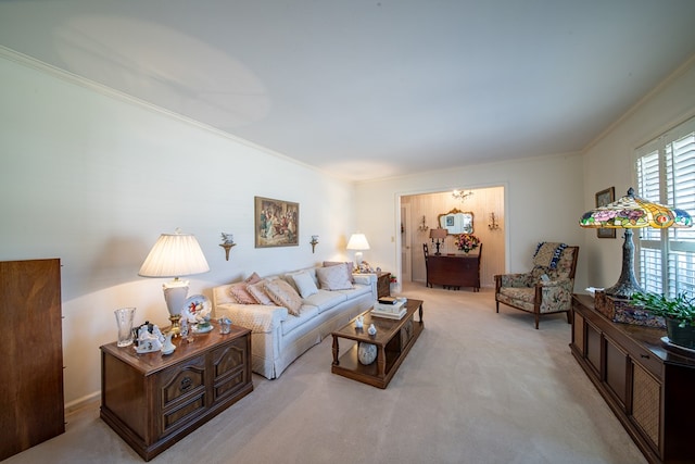 living room with light colored carpet and ornamental molding