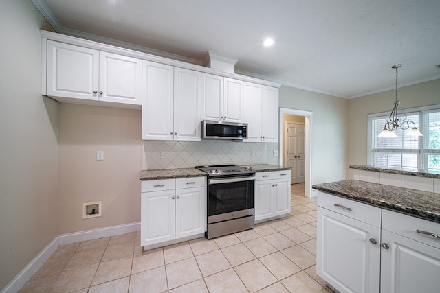 4548 Carnoustie Ln, Columbus, GA 31909 - kitchen featuring appliances with stainless steel finishes, tasteful backsplash, white cabinetry, ornamental molding, and pendant lighting