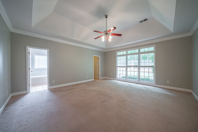 4548 Carnoustie Ln, Columbus, GA 31909 - empty room with a raised ceiling, light carpet, a ceiling fan, and ornamental molding