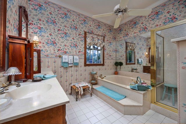 1400 Eberhart Ave, Columbus, GA 31906 - bathroom with tile patterned floors, wallpapered walls, a garden tub, a shower stall, and ornamental molding