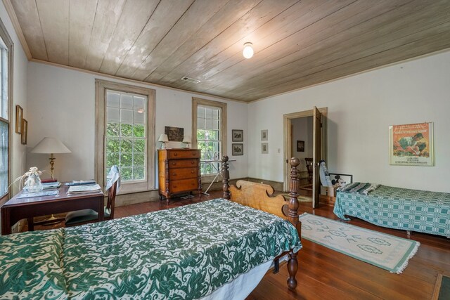 171 Jefferson Ave, Talbotton, GA 31827 - bedroom with wooden ceiling, ornamental molding, wood finished floors, and visible vents