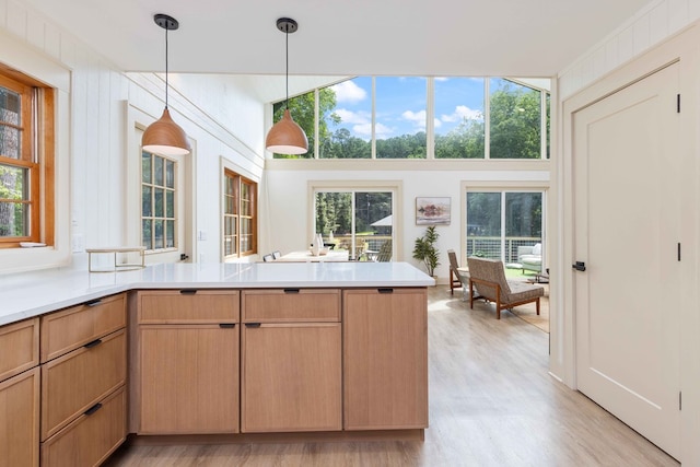 340 Commadore Dr, Hamilton, GA 31811 - kitchen featuring light countertops, hanging light fixtures, light wood-type flooring, and a peninsula