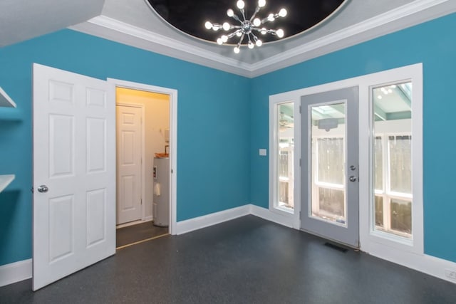 doorway with ornamental molding, a chandelier, a raised ceiling, and water heater