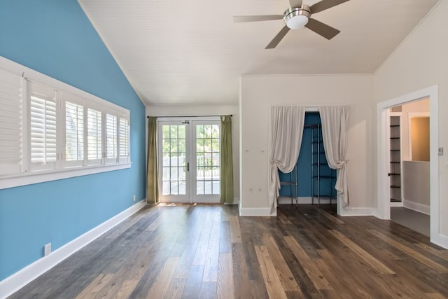 interior space with french doors, ceiling fan, lofted ceiling, and dark hardwood / wood-style floors