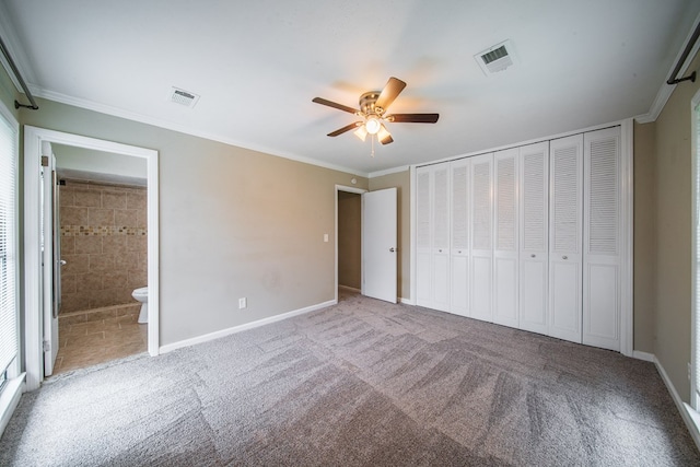 3 Primrose Ct, Columbus, GA 31907 - unfurnished bedroom featuring carpet, ensuite bath, crown molding, a closet, and a ceiling fan
