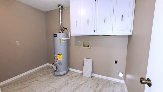 laundry area featuring hookup for a washing machine, gas water heater, hookup for an electric dryer, and cabinets