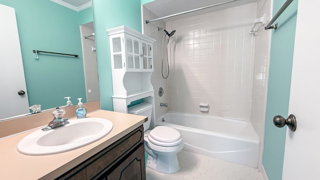 full bathroom featuring shower / tub combination, tile patterned flooring, vanity, ornamental molding, and toilet