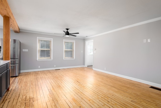 unfurnished living room with ceiling fan, light hardwood / wood-style flooring, and ornamental molding