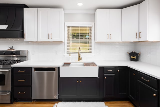 kitchen with decorative backsplash, stainless steel appliances, exhaust hood, sink, and white cabinetry