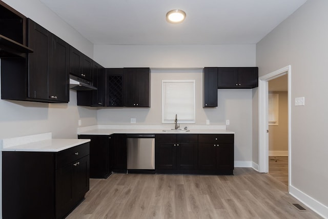 kitchen featuring stainless steel dishwasher, light wood-type flooring, and sink