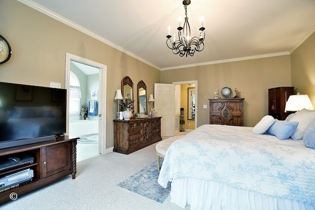 carpeted bedroom with crown molding and an inviting chandelier