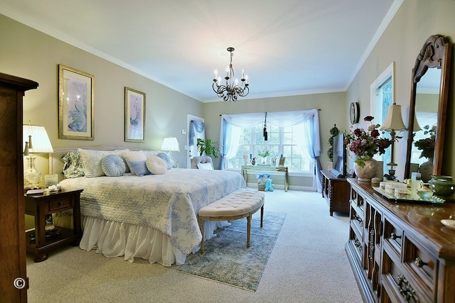 bedroom featuring crown molding, light carpet, and a chandelier