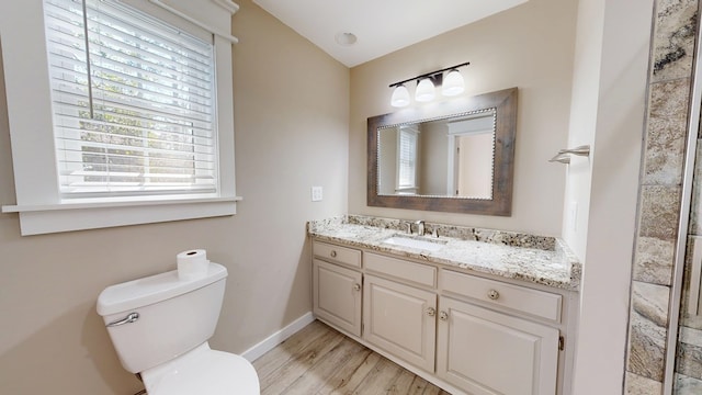 bathroom featuring wood finished floors, vanity, toilet, and baseboards