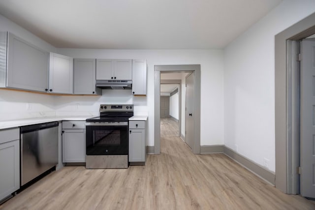 5855 Morningside Dr, Columbus, GA 31909 - kitchen featuring appliances with stainless steel finishes, under cabinet range hood, gray cabinetry, and light wood-style flooring