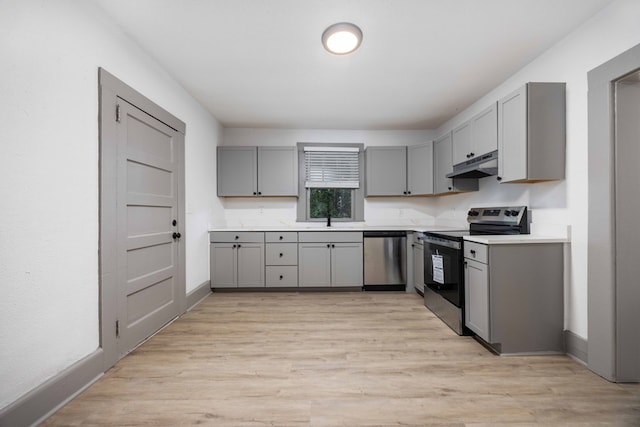 5855 Morningside Dr, Columbus, GA 31909 - kitchen with stainless steel appliances, gray cabinets, a sink, and under cabinet range hood