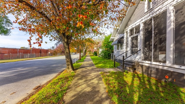 view of street with entry steps and sidewalks