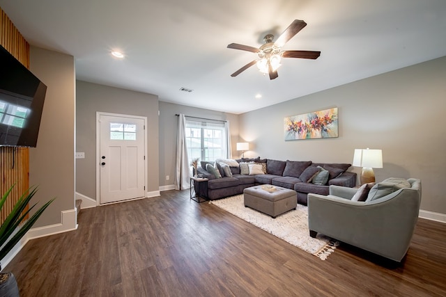 402 Lee Road 2203, Phenix City, AL 36870 - living room featuring a ceiling fan, dark wood-style flooring, and recessed lighting