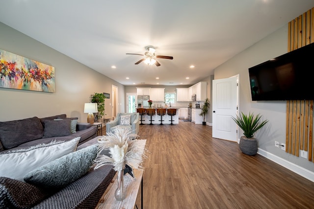 402 Lee Road 2203, Phenix City, AL 36870 - living room with ceiling fan, dark wood-style floors, and recessed lighting