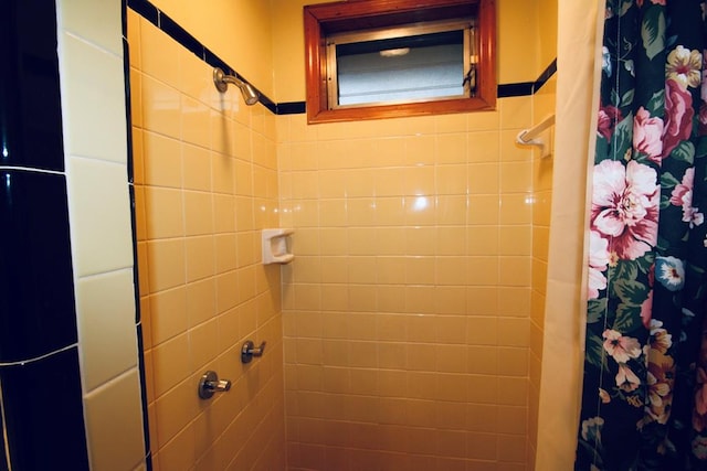 bathroom with a shower with shower curtain