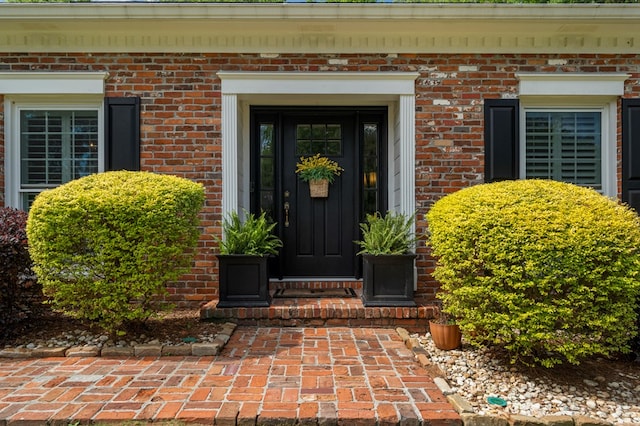 view of exterior entry featuring brick siding