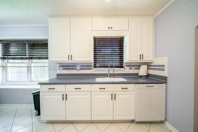 5728 Lexington Dr, Columbus, GA 31907 - kitchen with dishwasher, light tile patterned floors, white cabinetry, and crown molding