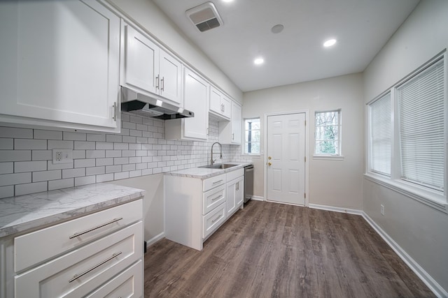 kitchen with dishwasher, sink, tasteful backsplash, dark hardwood / wood-style flooring, and white cabinetry