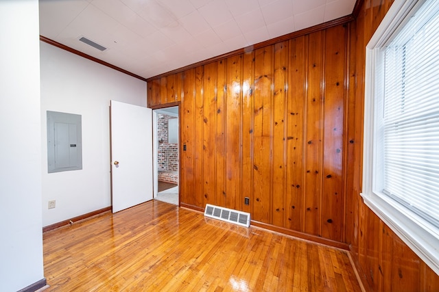 spare room featuring electric panel, wood walls, plenty of natural light, and crown molding