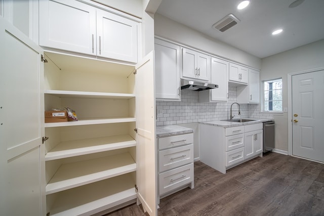 kitchen featuring white cabinetry, sink, stainless steel dishwasher, and dark hardwood / wood-style floors