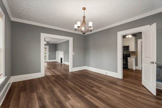 unfurnished room featuring crown molding, a fireplace, baseboards, and dark wood-type flooring