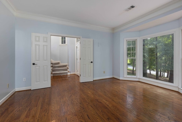 767 River Oaks Ct, Columbus, GA 31904 - empty room featuring ornamental molding, stairway, and dark wood-style floors