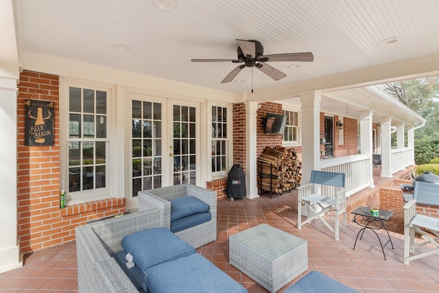 view of patio / terrace featuring a ceiling fan, french doors, and area for grilling