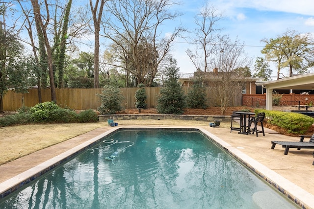 view of swimming pool featuring a fenced in pool, a fenced backyard, and a patio