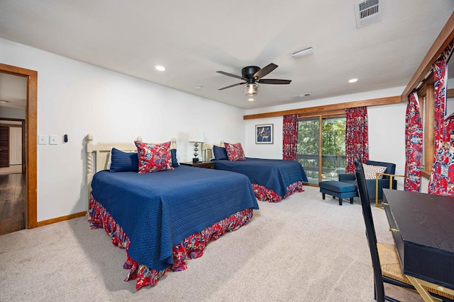 bedroom featuring ceiling fan, carpet flooring, access to exterior, visible vents, and recessed lighting