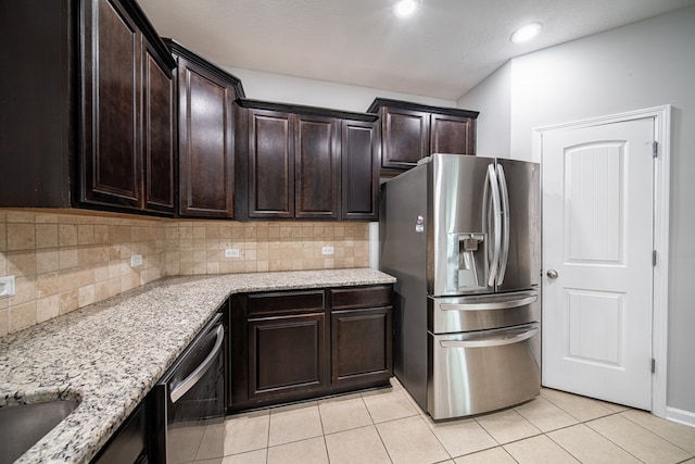 7312 Sorrel Ct, Columbus, GA 31909 - kitchen with stainless steel fridge with ice dispenser, dishwashing machine, light tile patterned flooring, decorative backsplash, and light stone counters