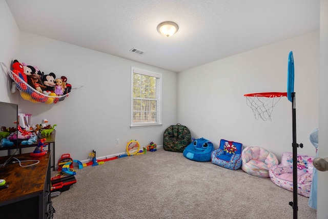 recreation room featuring a textured ceiling and carpet flooring