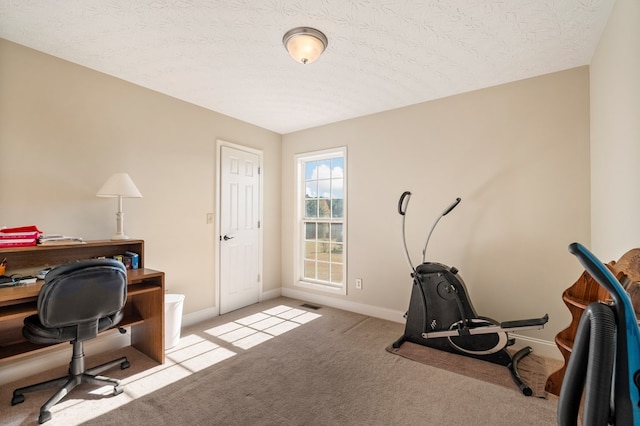 carpeted office featuring a textured ceiling