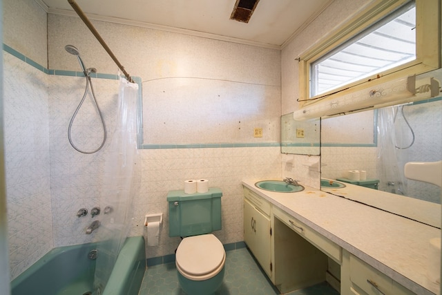 full bathroom featuring shower / tub combo with curtain, toilet, crown molding, tile walls, and vanity