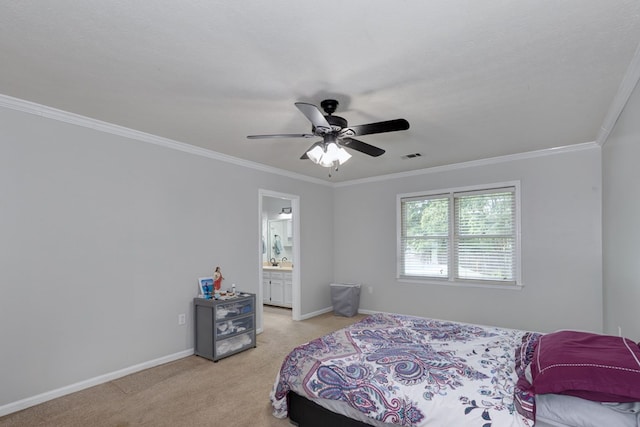 6727 Trapper Way, Midland, GA 31820 - bedroom with light colored carpet, crown molding, connected bathroom, and ceiling fan