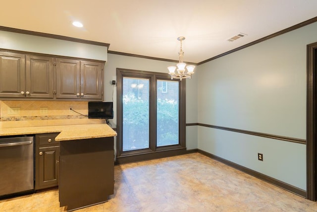 kitchen with decorative backsplash, ornamental molding, decorative light fixtures, a notable chandelier, and dishwasher