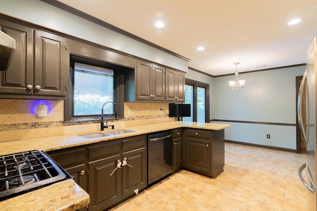 kitchen with dishwasher, backsplash, refrigerator, sink, and a notable chandelier