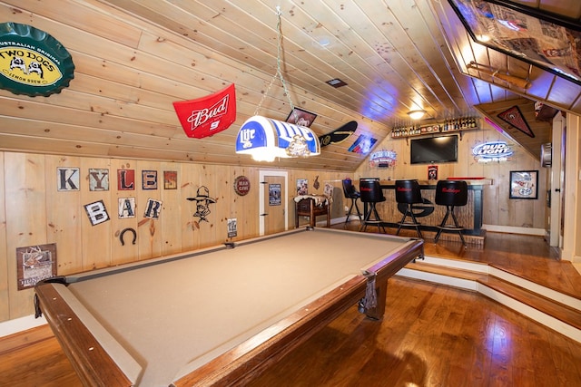 playroom with lofted ceiling, billiards, a dry bar, wood ceiling, and hardwood / wood-style flooring