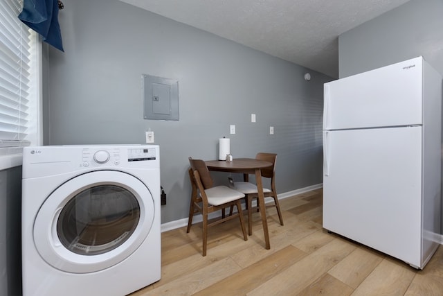 clothes washing area featuring washer / clothes dryer, electric panel, a textured ceiling, and light wood-type flooring