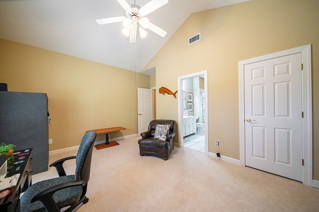 office with light colored carpet, high vaulted ceiling, and ceiling fan