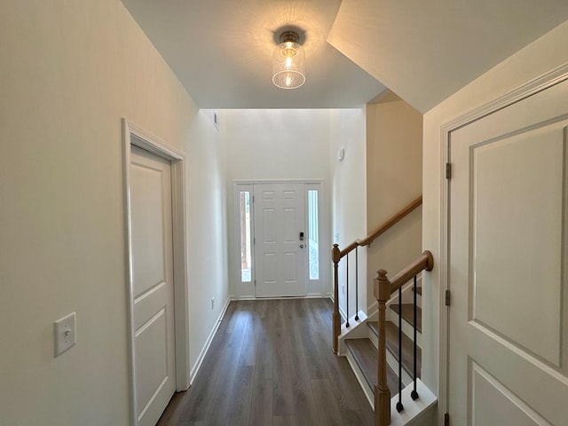 foyer with dark hardwood / wood-style floors